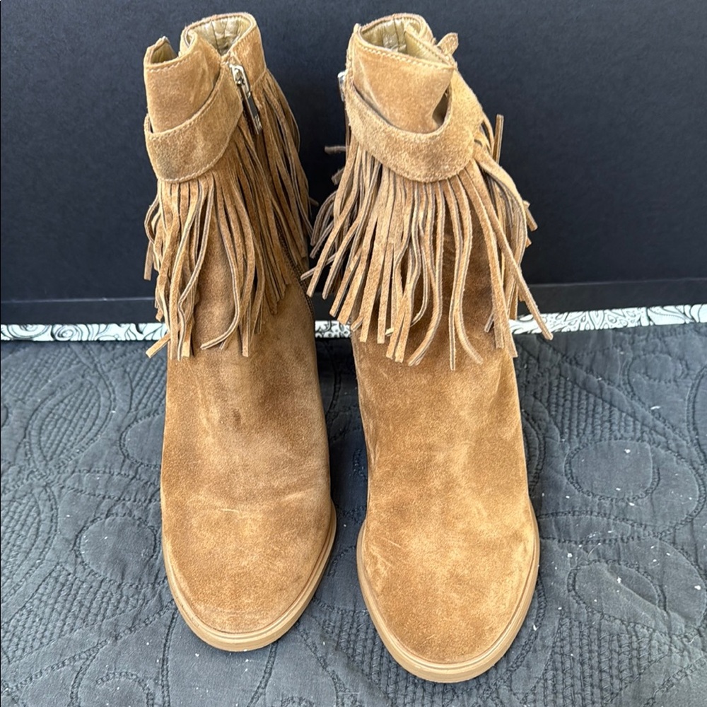 Fringed Tan Suede Ankle Boots